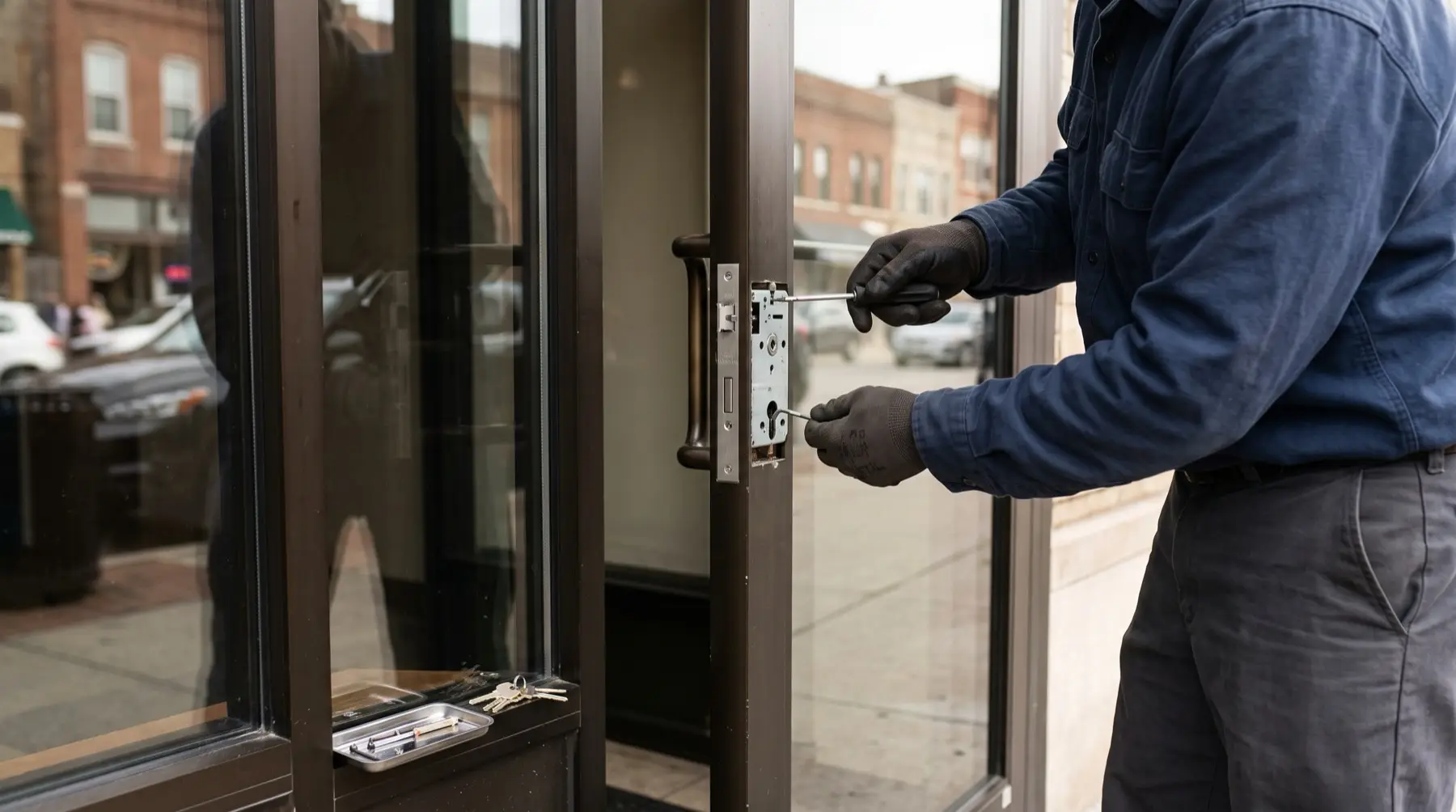 Damascus Locksmith servicing a commercial storefront door lock
